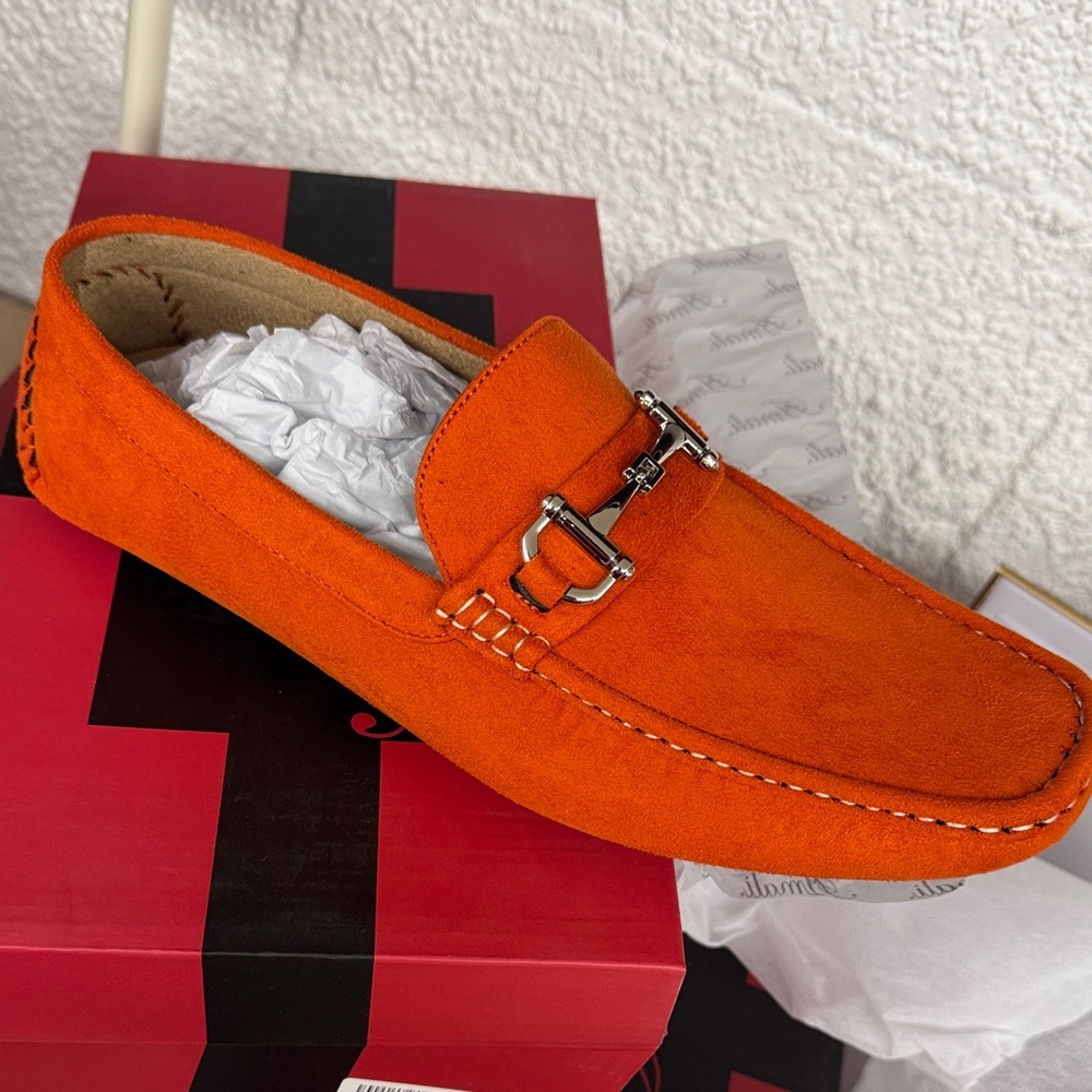 Amalfi Bright Orange Suede Loafers with Silver Detail